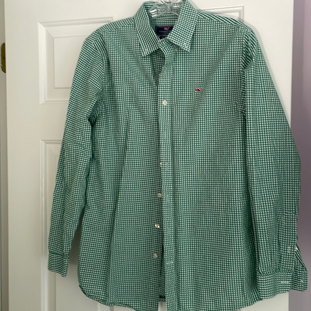 Vineyard Vines Boys button down shirt XL/18. Green & white check HOLIDAY GREEN